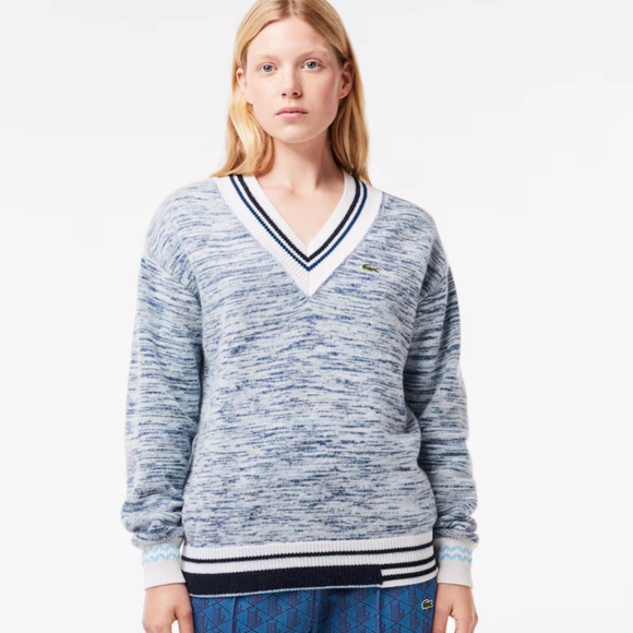 LACOSTE WOMEN'S CONTRAST STRIPE V-NECK ALPACA SWEATER - Picture 1 of 9